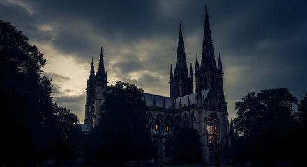 Fototapeta premium Dark gothic cathedral in a moody, atmospheric setting with dramatic lighting