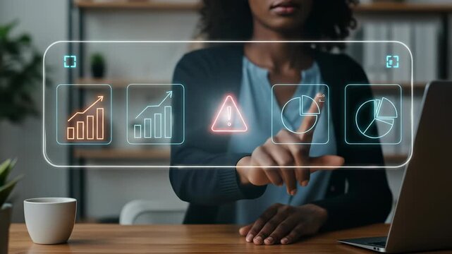 Business data risk management: A Black woman identifies a critical alert on a holographic dashboard featuring market growth and financial charts in a contemporary office setting.