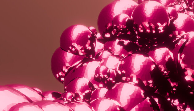 Futuristic shiny ruby crystal spheres with reflections and light rays