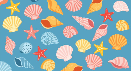 Vector illustration of colorful collection of various seashells and starfish arranged in a repeating pattern on a blue background, evoking a summer beach theme