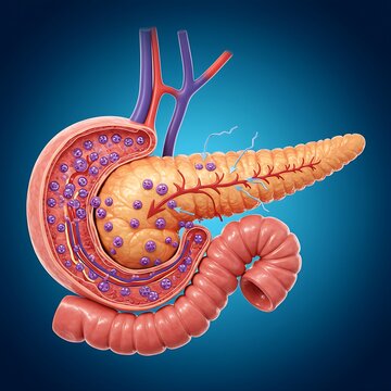 The pancreas with an emphasis on its exocrine function, showing acinar cells secreting digestive enzymes into the pancreatic ducts, with a subtle disruption in enzyme flow indicating exocrine pancreat
