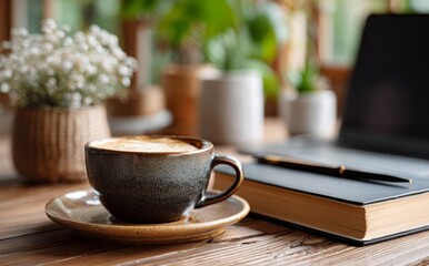 Obraz premium Cappuccino, notebook and laptop creating cozy workspace ambiance