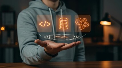 Software Development: Adult man presents virtual programming code, database, and automation icons for future IT solutions.