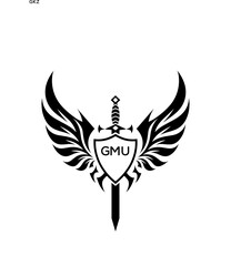 GMU Winged Sword and Shield Logo with GMU Letters, GMU Later Logo, Heraldic Emblem, Black and White Vector Design
