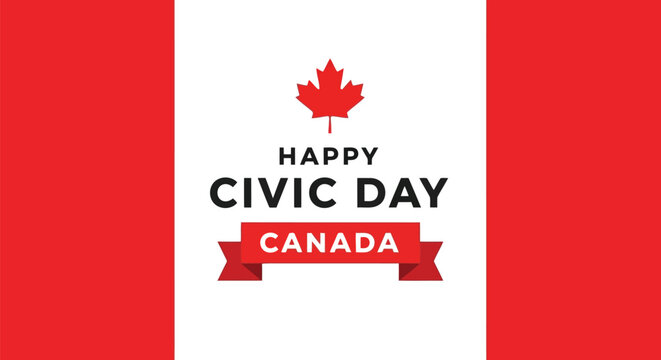 Vector illustration of happy civic day canada greeting with a red maple leaf and banner on the canadian flag background, celebrating the national holiday