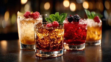 A vibrant display of four colorful cocktails garnished with fresh ingredients, beautifully arranged to entice and evoke a feeling of celebration and relaxation.