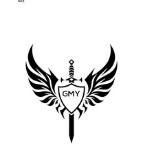 GMY Winged Sword and Shield Logo with GMY Letters, GMY Later Logo, Heraldic Emblem, Black and White Vector Design
