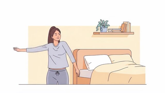Flat vector a woman is stretching in her bedroom in the morning after waking up, starting her day with exercise and relaxation, in a flat cartoon vector illustration