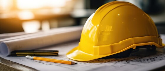 The yellow hard hat on architectural blueprints and planning materials.
