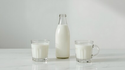 Fresh milk bottles and glasses on white background