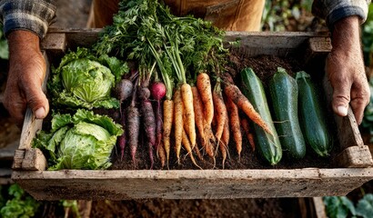 Farmer holding freshly harvested vegetables in wooden crate
