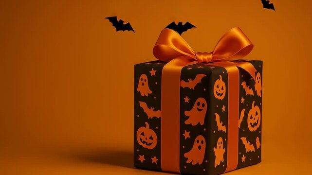 Halloween gift box with orange ribbon and spooky pumpkin pattern perfect for ecommerce sale promotion festive autumn colors