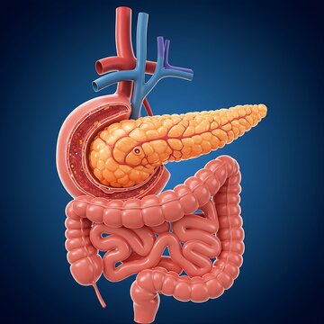 a healthy human pancreas and surrounding digestive system with detailed anatomical features., 