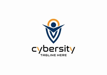 Cyber security Logo Shield with Human Figure and Circle