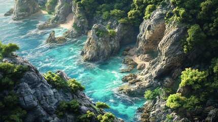 Aerial view of rocky coastline with turquoise water and lush green vegetation on a sunny day