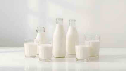 Fresh milk bottles and glasses on white background