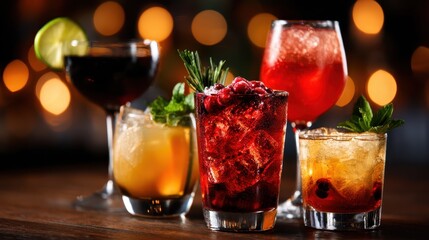 An elegant display of five colorful cocktails arranged on a wooden bar, showcasing vibrant drinks and garnishes, inviting a sense of celebration and indulgence.