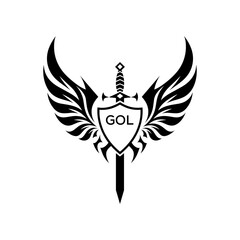 GOL Winged Sword and Shield Logo with GOL Letters, GOL Later Logo, Heraldic Emblem, Black and White Vector Design  © MDBIRAZ