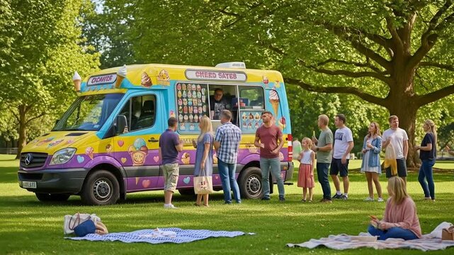 People Queuing to Buy Ice Cream from a Colorful Truck in a Green Park on a Sunny Summer Day