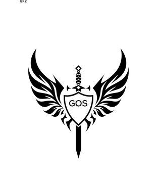 GOS Winged Sword and Shield Logo with GOS Letters, GOS Later Logo, Heraldic Emblem, Black and White Vector Design
