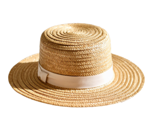 Straw, summer, and style blend effortlessly in this lightweight, woven hat, offering sun protection and timeless charm, perfect for beach days, gardening, or casual outings—isolated clearly on white b
