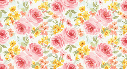 Seamless floral pattern with watercolor roses and yellow flowers for textile and background design, elegant and romantic