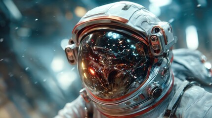 An astronaut in a stunning space suit floats in the cosmos, a reflective helmet showcasing the vast beauty of the universe behind him, symbolizing exploration and discovery.