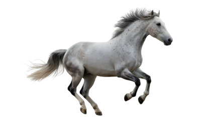 A galloping gray horse with a flowing mane and tail isolated on a white background in dynamic motion on transparent background