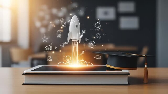 Rocket Tablet Book Graduation Cap Education Innovation Technology Digital Learning Creativity Classroom Success with Glowing Light and Futuristic Achievement Inspiring Knowledge Growth and E Learning