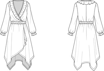 Elegant long sleeve wrap dress with ruffle neckline, handkerchief hem, feminine fashion, stylish casual outfit, trendy women’s dress illustration, front and back view