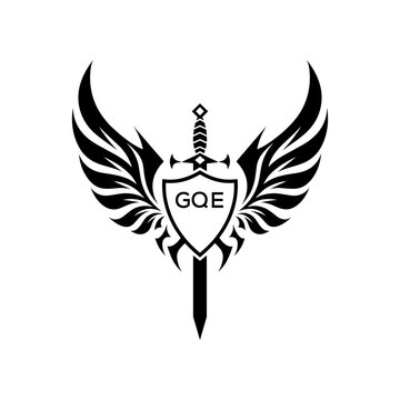 GQE Winged Sword and Shield Logo with GQE Letters, GQE Later Logo, Heraldic Emblem, Black and White Vector Design
