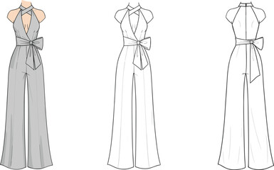 Elegant women’s halter jumpsuit with wide legs, crossover deep V-neck, sash belt bow detail, sleeveless evening fashion illustration, garment flat sketch