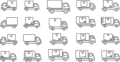 Set of linear icons related to delivery trucks, including various types of trucks with boxes, vans, and cargo vehicles for transport and shipping