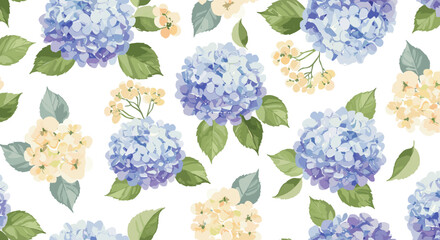 Seamless pattern of light blue hydrangeas with green leaves and cream color flowers on a white background for textile design
