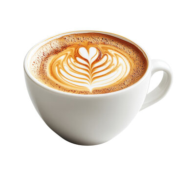 Creamy latte art in a white ceramic mug, featuring a delicate heart and leaf pattern, perfect for coffee lovers and cafe promotions on transparent background