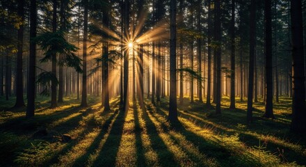 Obraz premium Sunrise Through Forest Trees with Golden Light and Long Shadows in a Natural Wooded Scene