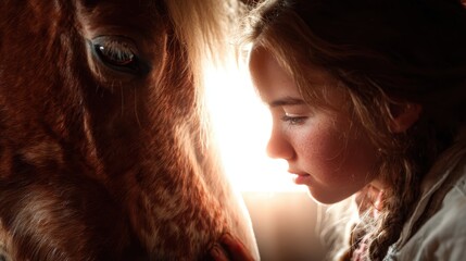 A touching moment between a girl and a horse, embodying trust and companionship, captured beautifully in soft light, representing the bond between humans and animals in harmonious scenes.