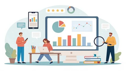 “Teamwork and Data Analytics Illustration with Charts and Devices”