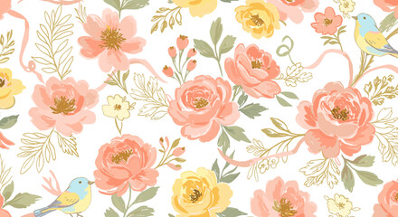 Delicate floral pattern with peach roses, yellow blossoms, ribbons, and birds on a white background for elegant designs