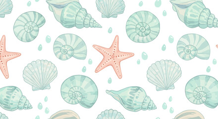 Seamless pattern of sea shells and starfish in pastel colors for marine themed summer decoration and backgrounds