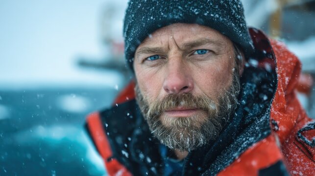 A rugged man dressed in winter clothing stares intently into the camera during a snowstorm at sea, representing resilience against harsh environments and the strength of nature.