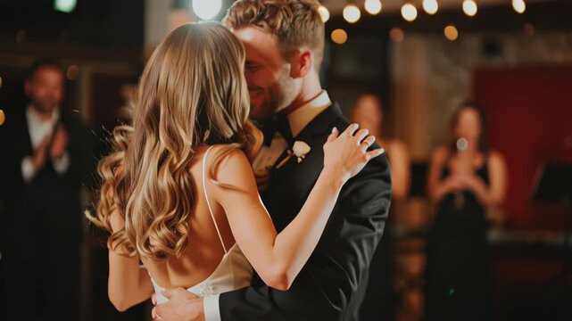 Couple dancing romantically at a stylish event, surrounded by musicians and a vibrant atmosphere.