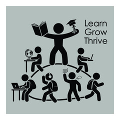 Illustrative Stick Figures Depicting Education Lifelong Learning and the Journey Towards Growth and Success on a Neutral Backdrop