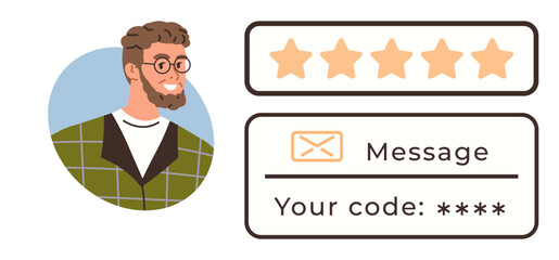 Smiling man portrait alongside a five-star rating, email message notification, and secure code prompt. Ideal for customer engagement, feedback, communication, rating systems, security access