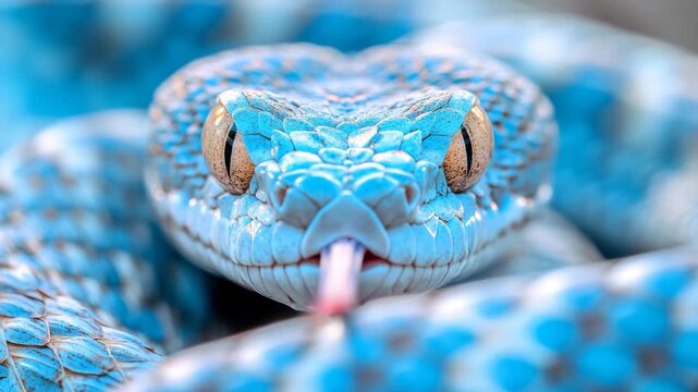 Blue Pit Viper Snake Staring with Tongue Out

