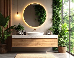 Modern bathroom vanity with marble countertop and soft lighting