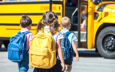Children with backpacks boarding a yellow school bus