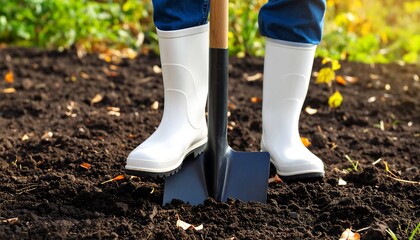 Gardener in white boots digging soil with shovel with planting gardening concept, and outdoors.