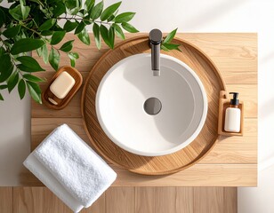 Minimal sink area with soap and towel in natural light