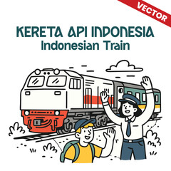 Friendly wave from a conductor and passenger as an Indonesian train passes by with a clear sky and playful clouds, celebrating travel